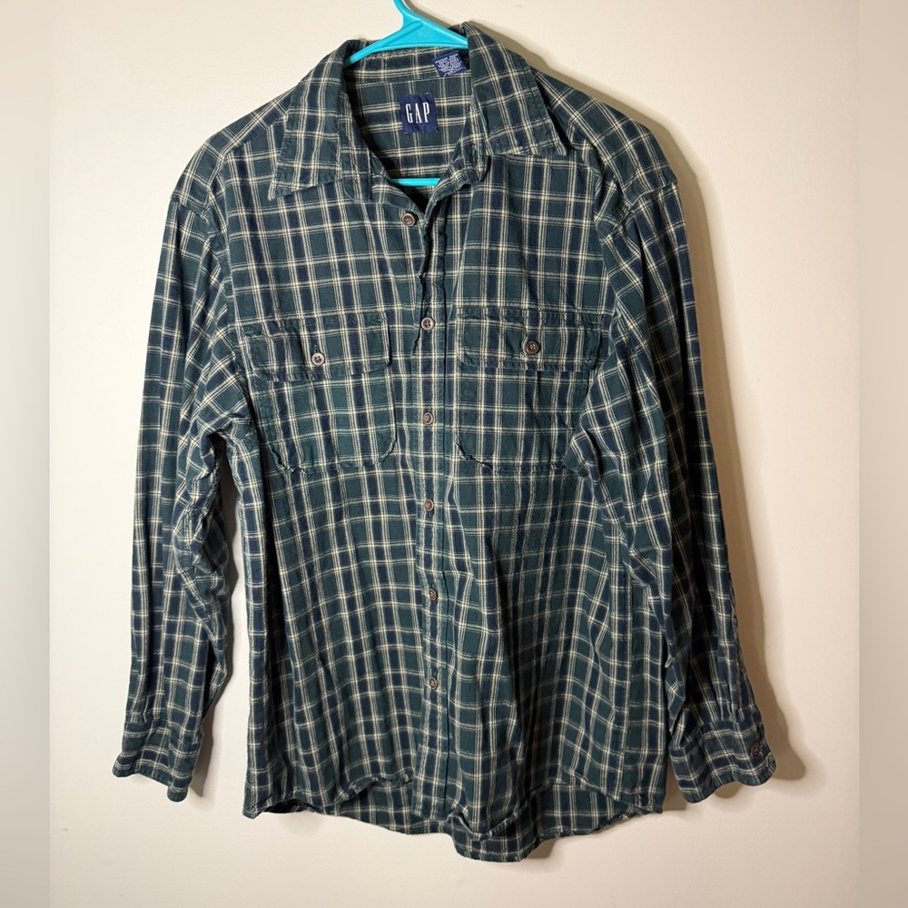 Gap men's navy blue and green plaid long-sleeve flannel button-down shirt small